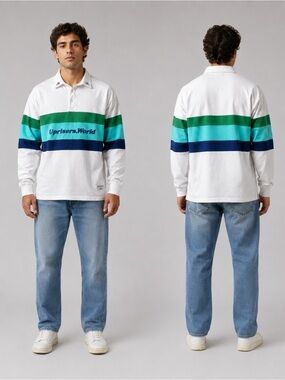 UPRISERS WORLD White Green Striped Long Sleeve Rugby Polo Shirt size M